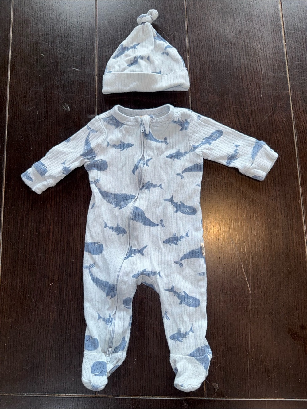 Light Blue Whale-Print Footed Baby One-Piece with Matching Hat